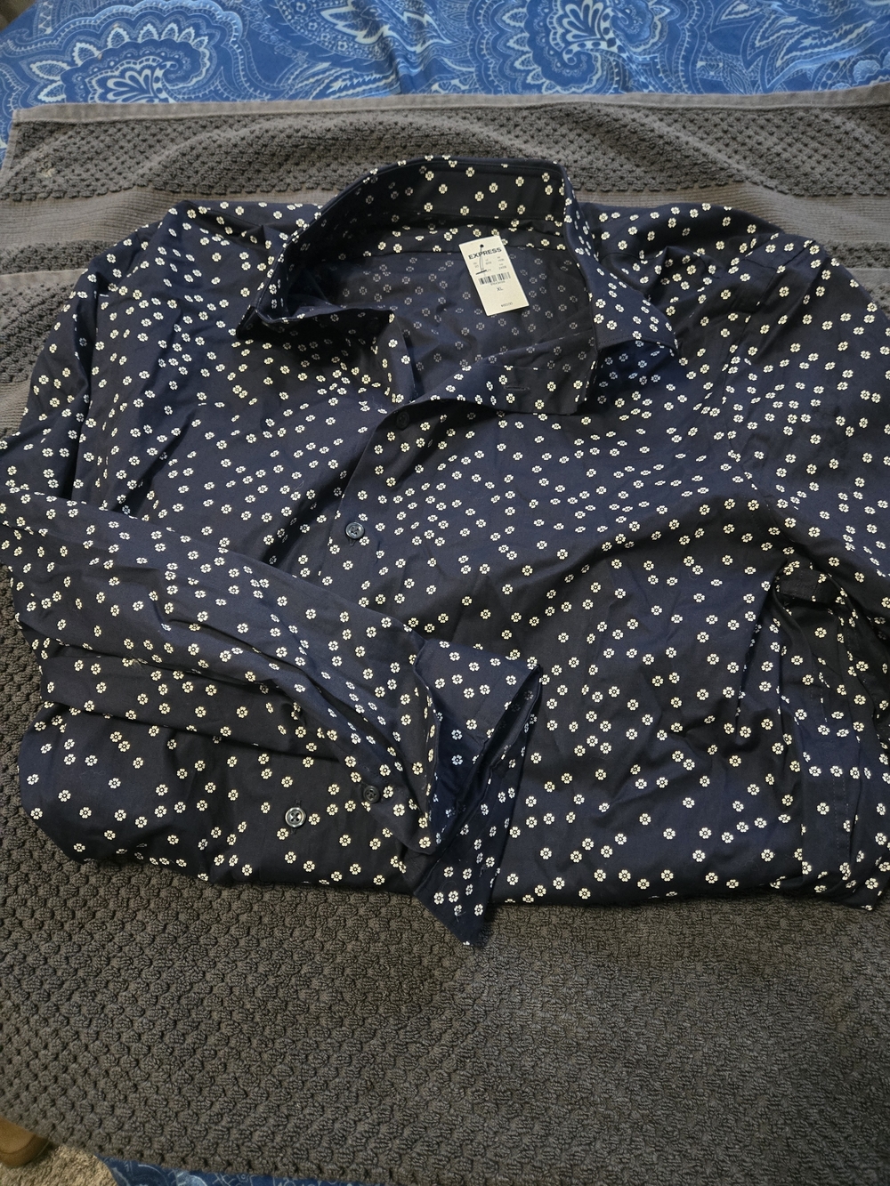 Express Men’s Navy Button-Down Shirt with White Micro Floral Print